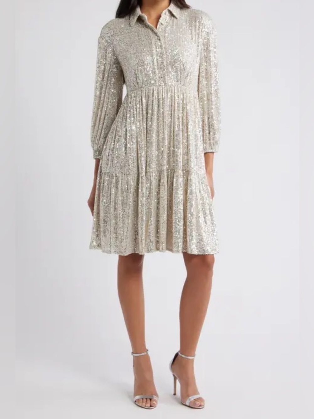 Eliza J Silver Sequin Tiered Button Front Shirt Dress Size 8